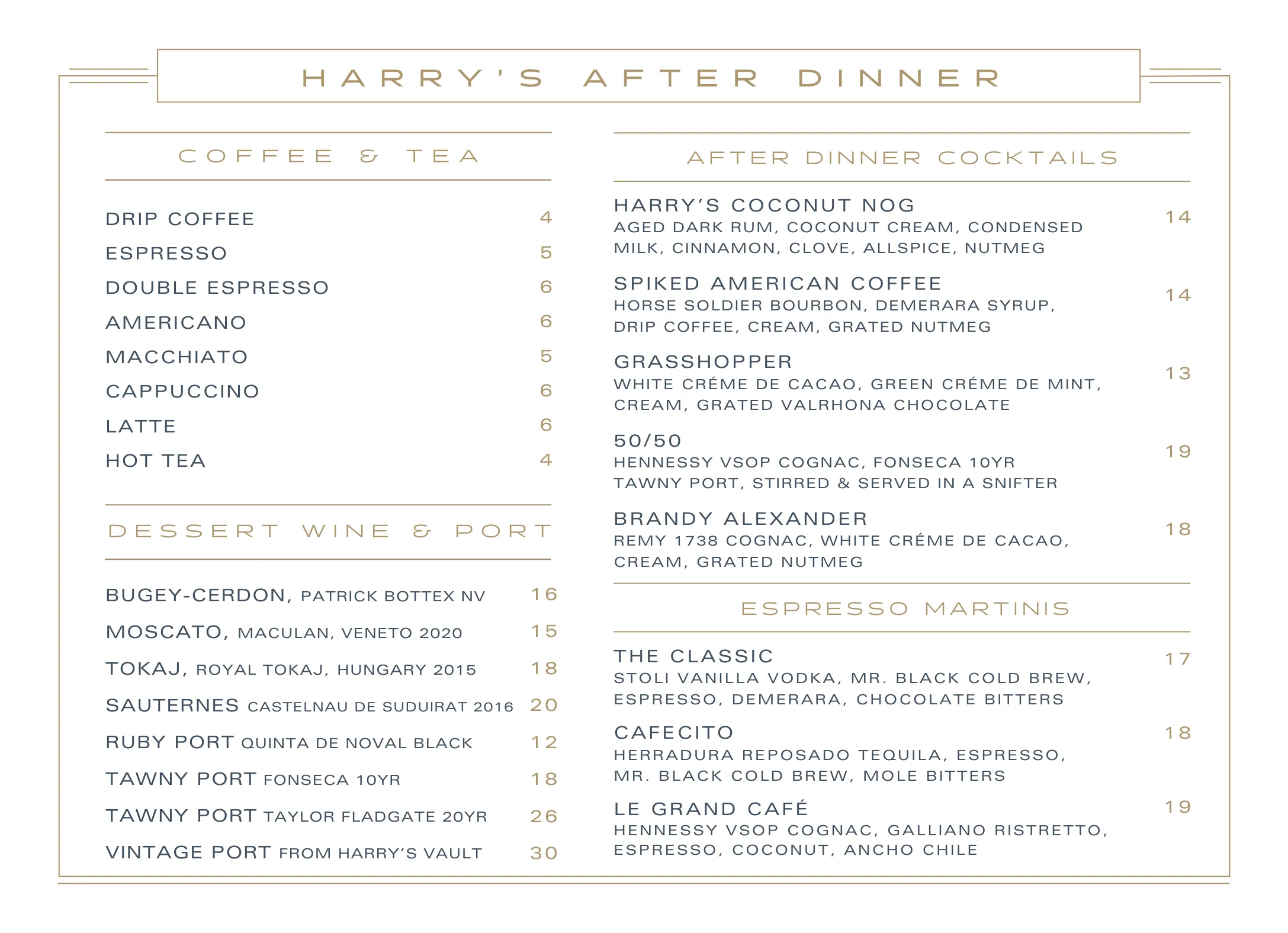 Harry's Bar & Restaurant | New York City Menu